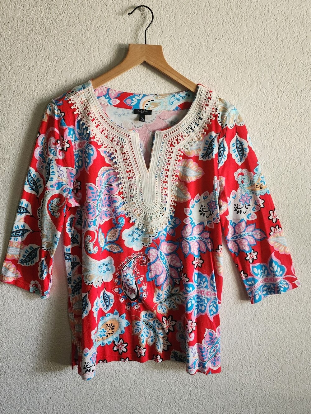 Talbots Medium Petite Vibrant Red Floral Paisley Pima Cotton Top